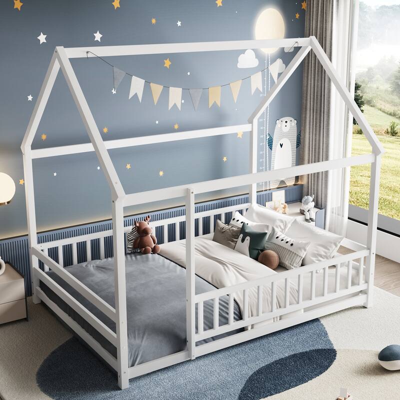 Full Size Floor Wooden Bed with House Roof Frame, Fence Guardrails,White
