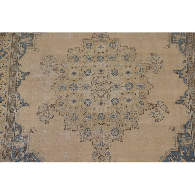 Hand Knotted Oriental 100% Wool Carpet Traditional Medallion Beige & Ivories Tabriz Area Rug - 10' 3'' X 6' 9''
