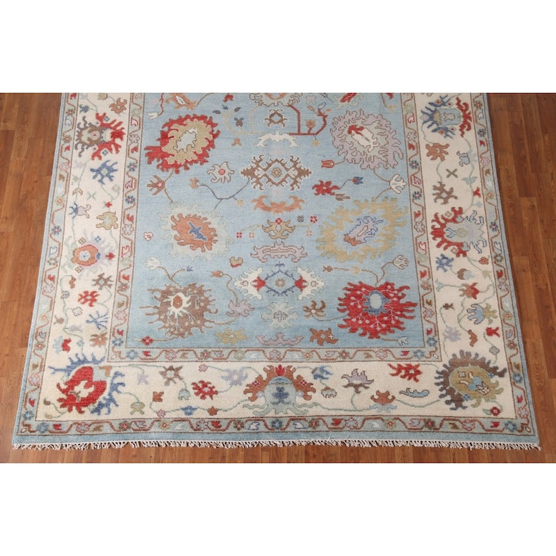 Light Blue Floral Oushak Area Rug Hand-Knotted Wool Carpet - 8'0"x 9'8"