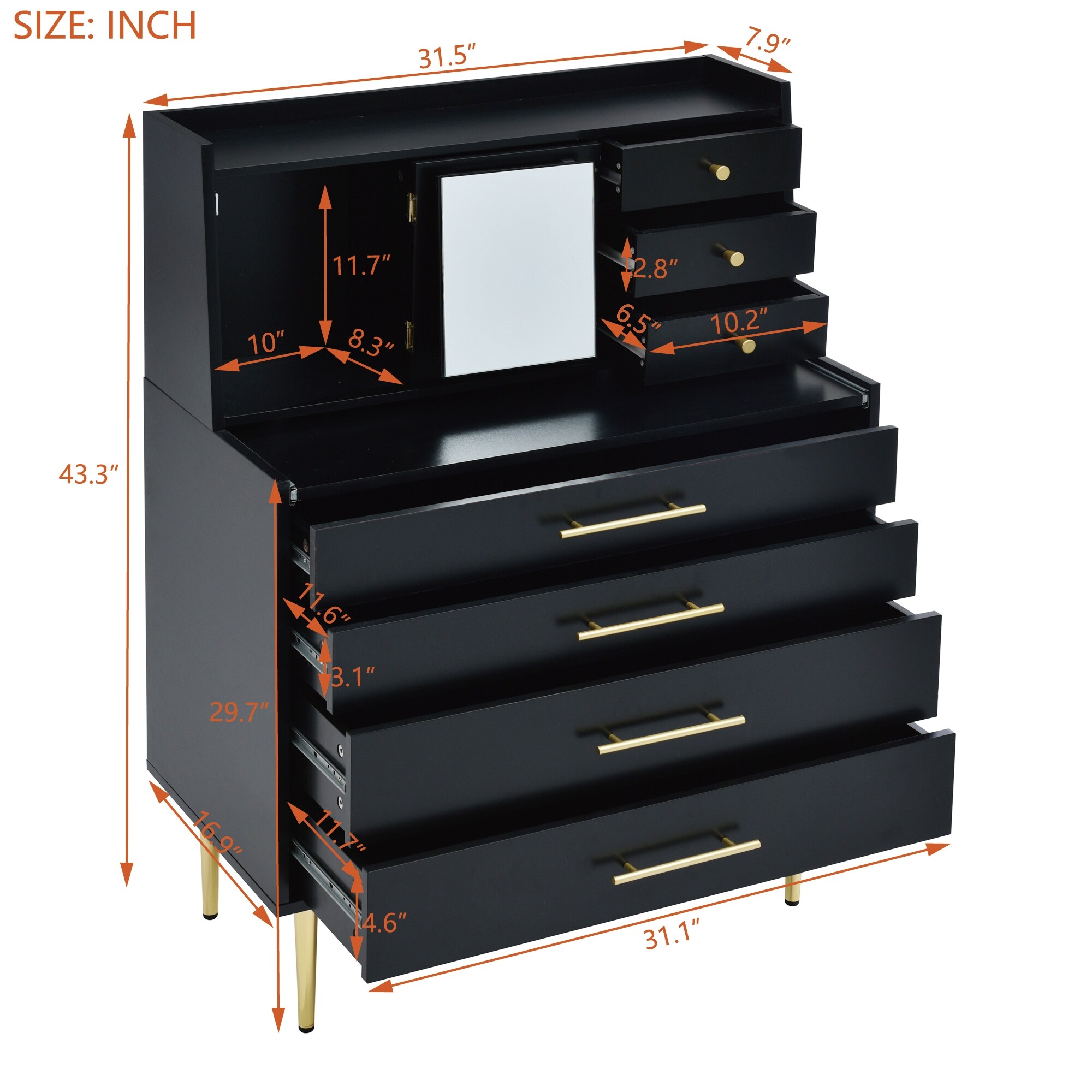 7 Drawers Dresser with Mirror Retractable Table and Hidden Storage
