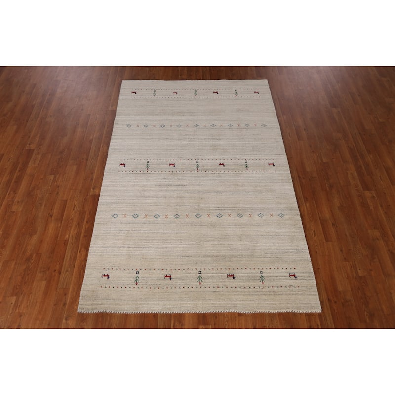 Beige Tribal Gabbeh Indian Area Rug Hand-Knotted Wool Carpet - 5'0" x 7'9"