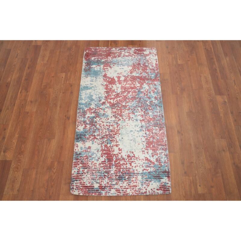 Hand Knotted Oriental Viscose Silk Carpet Modern All-Over Oranges & Rust Abstract Area Rug - 4' 0'' X 2' 0''