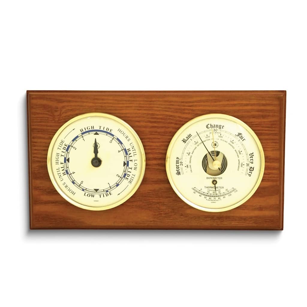 Curata Oak Wood and Brass Tide Clock/Barometer/Thermometer