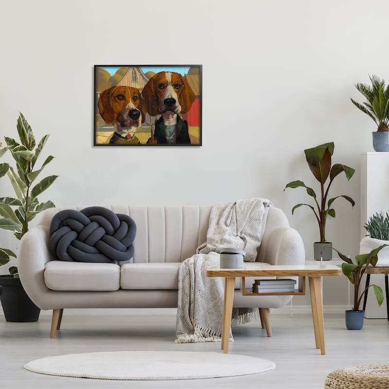 Stupell Basset Hound American Gothic Farm Pet Parody Framed Wall Art - Brown