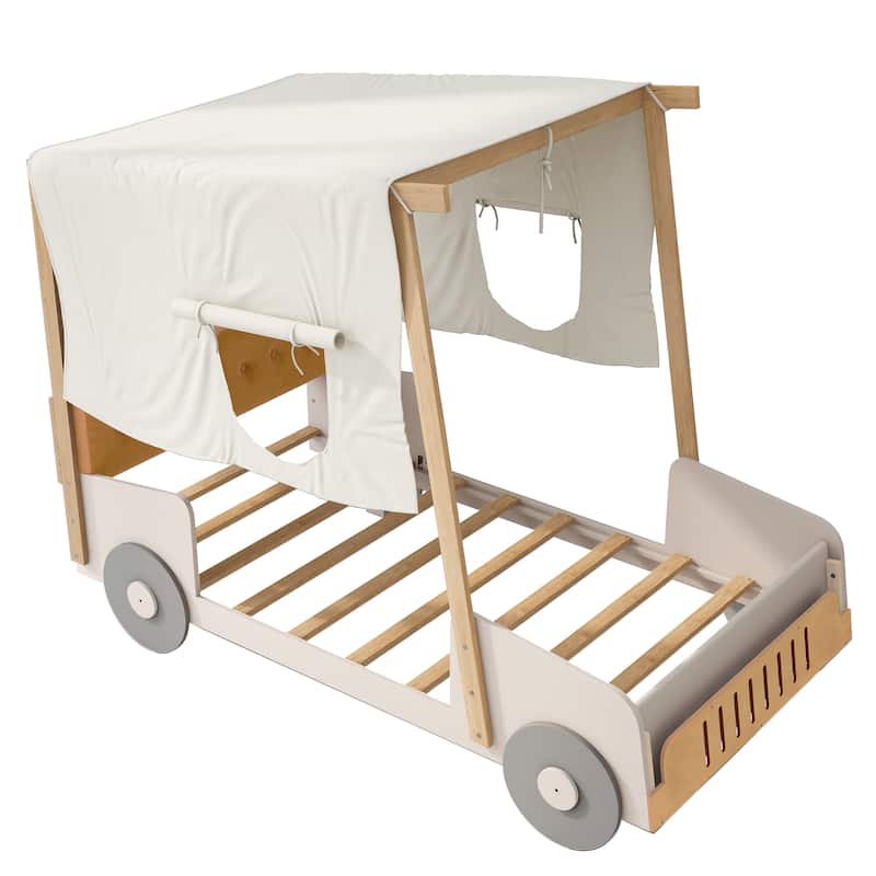 Wood Twin/Full Size Car Bed with Pillow, Ceiling Cloth