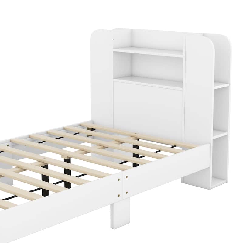Twin Size Platform Bed with Storage Headboard,Multiple Storage Shelves