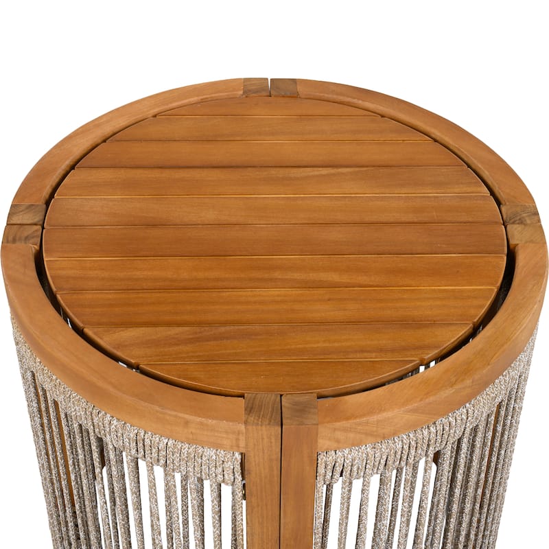 Roomfitters 16.9" Round Acacia Wood Outdoor Side Table, Handwoven Rope Accent Patio End Table, Teak