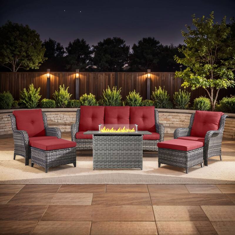 Fire Pit Table with Patio Sofa Chairs and Ottomans - Grey - Red