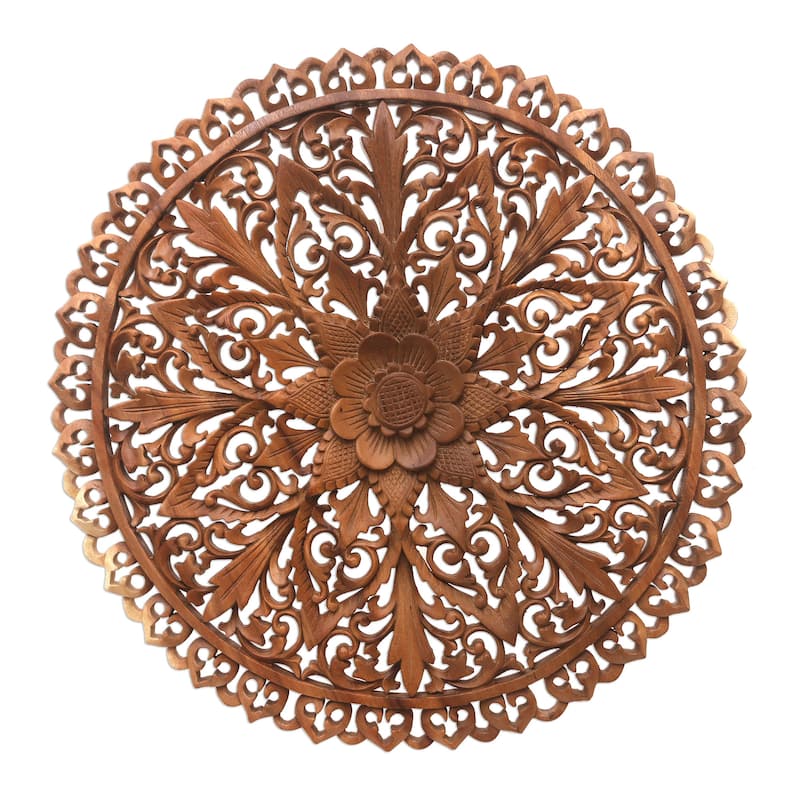Novica Handmade Round Lotus Wood Relief Panel