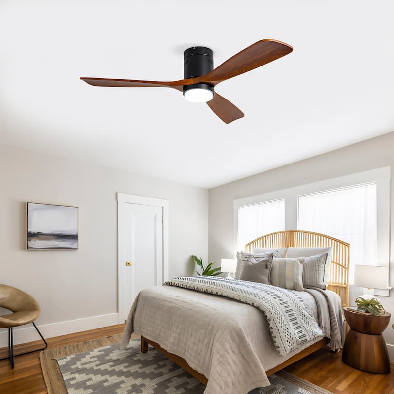 52 Inch Flush Mount Ceiling Fan with Lights and Remote Control, Wood Blades, Quiet DC Motor - Indoor/Outdoor - Black