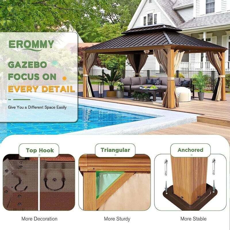 Outdoor Hardtop Gazebo, Wooden Finish Coated Aluminum Frame w Galvanized Steel Double Roof with Premium Curtains and Netting