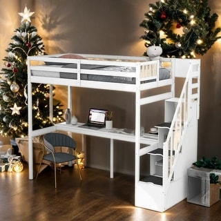 Contemporary Design Twin Size Loft Bed with Storage Staircase and Built-in Desk, Durable Structure, Maximized Space, White