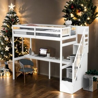 Twin Size Loft Bed with Storage Staircase and Built-in Desk, White