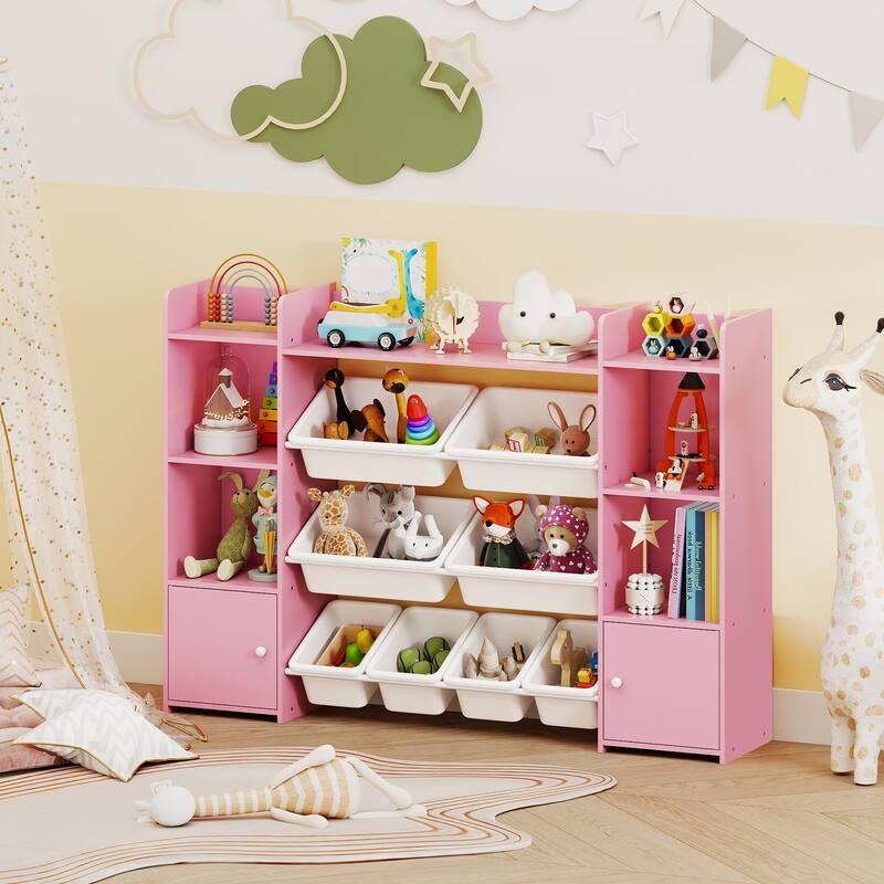 56" Kids Storage Shelf with 8 Removable Bins Rounded and Corners Anti-Tip Design - 56" x 12" x 39"