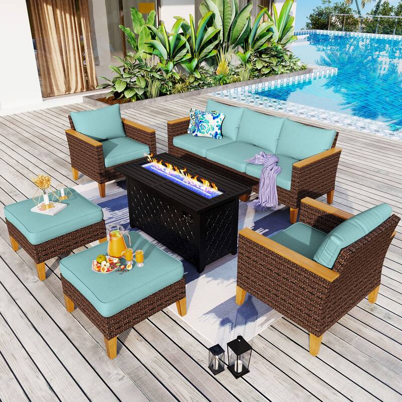 8-Piece Patio Outdoor Wicker Sectional Sofa Set, Large Seating Furniture Conversation Sets with Fire Pit Table