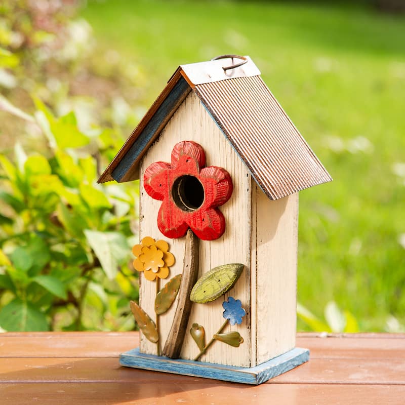 Glitzhome 10"H Multicolor Cute Distressed Solid Wood Birdhouse with 3D Flowers