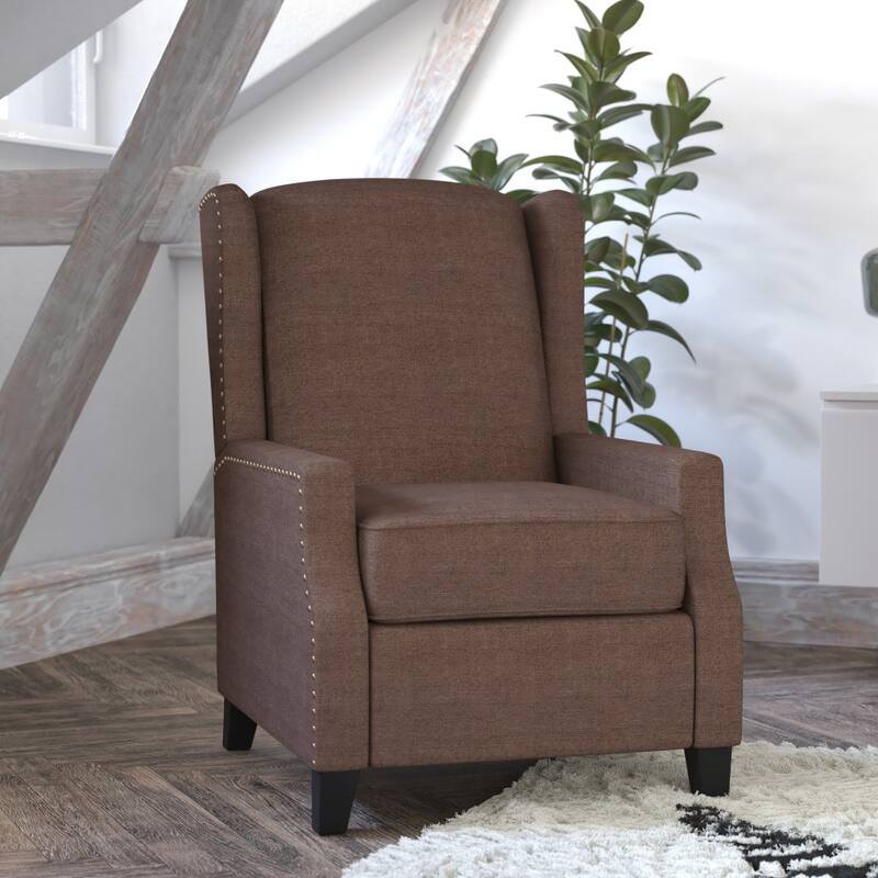 Push Back Wing Back Pocket Spring Recliner with Side Accent Nail Trim - Brown