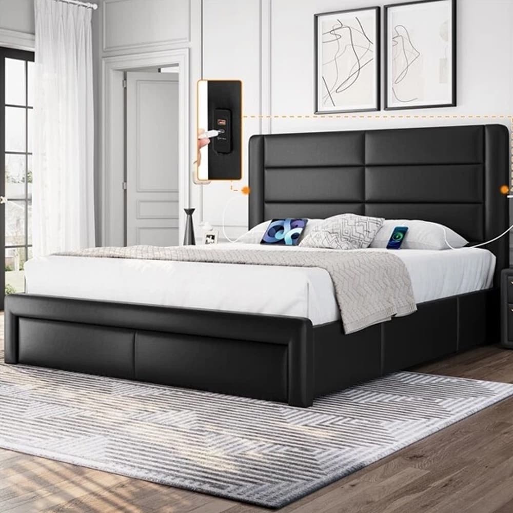 Upholstered Bed Frame with Storage Drawers Built-In USB Ports King