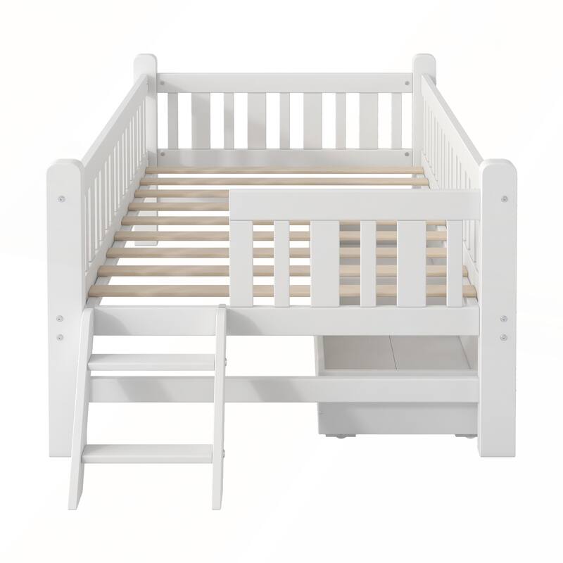 Wood Twin Size Platform Bed with Guardrail and 2 Drawers