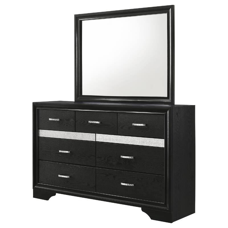 Vino Wide Dresser with Mirror, 7 Drawers, Modern Black, Chrome Accent