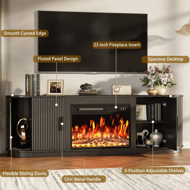 BOSSIN 70" Electric Fireplace TV Stand with Fluted Design, Curved Edges, 7 Flame Colors & 8H Timer, Holds Up to 80" TV, Black