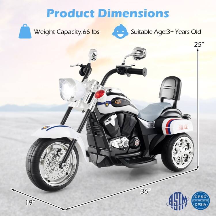 6V Powered Toddler 3-Wheel Motorbike Ride On Toy with Horn and Headlight - 36" x 19" x 25" (L x W x H)