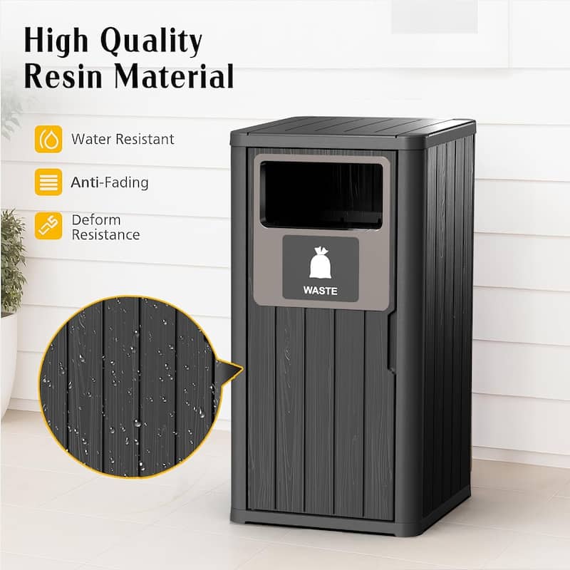 Single-Barrel Outdoor Trash Can,Waterproof Resin Garbage Can with Garbage Labels,Durable Waste Bin for, Backyard, Porch
