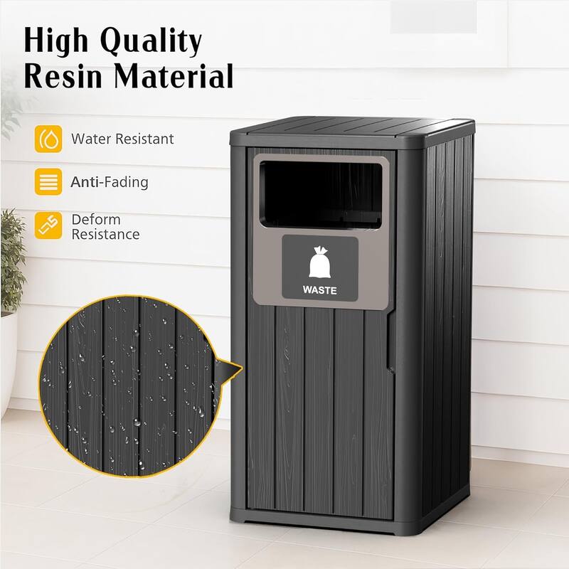 Single-Barrel Outdoor Trash Can,Waterproof Resin Garbage Can with Garbage Labels,Durable Waste Bin for, Backyard
