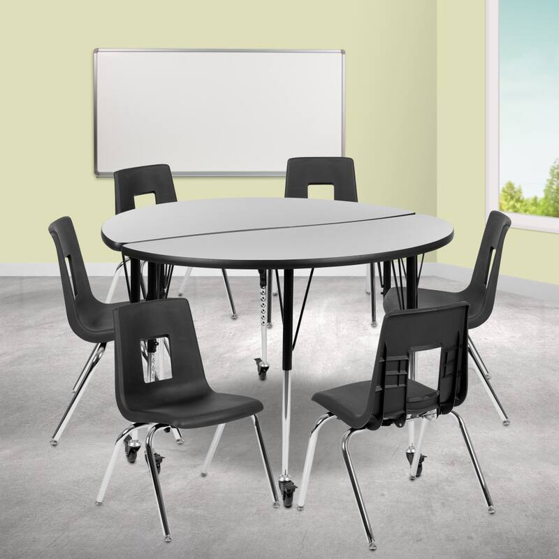 Mobile 47.5" Circle Wave Flexible Activity Table - 18" Student Stack Chairs - Grey