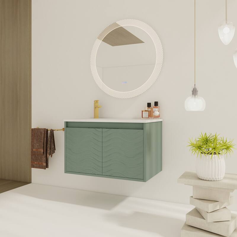 White Double-Door Wall-Mounted Vanity with Drop-Shaped Resin Sink, Soft-Close Hinges, and Hidden Metal Handles