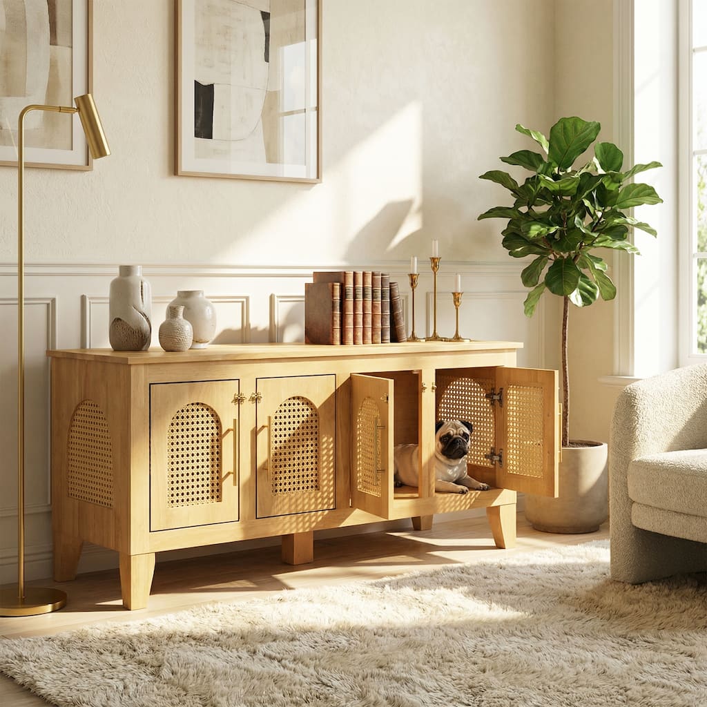 Christopher Knight Home - 47"W Rubber Wood Dog Crate Cabinet with Rattan Doors & Storage