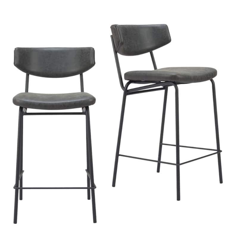 HomeRoots Set of Two 30" Black Faux Leather and Steel Low Back Bar Height Bar Chairs