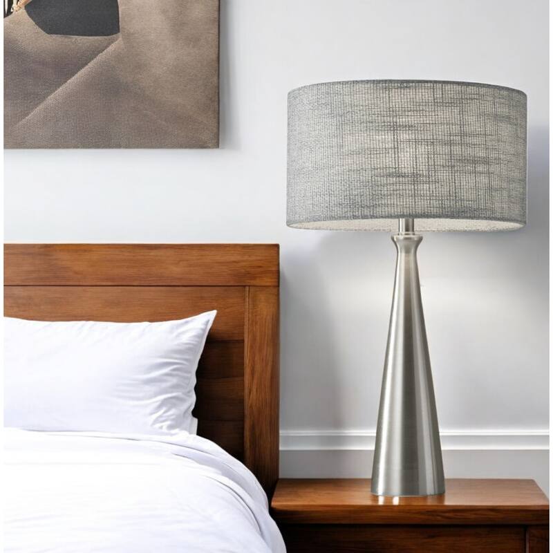 22" Modern Silver Table Lamp with Grey Drum Shade and Metal Base E26 Socket 3-Way Rotary Switch - 21.5”H x 13”W x 13”D