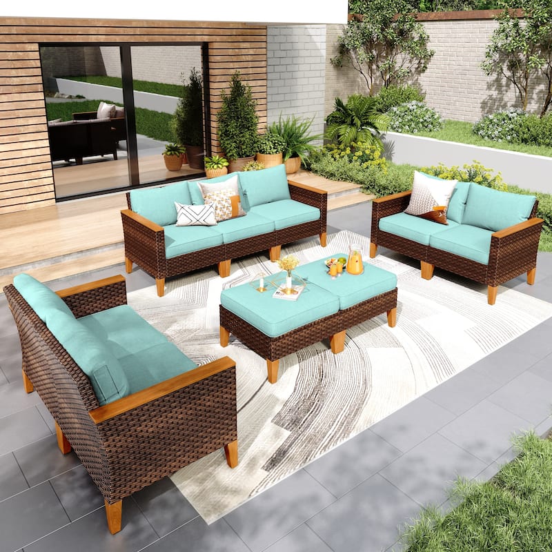 9-Piece Outdoor Wicker Sectional Sofa Patio Furniture Luxury Conversation Set, Beige Cushion - 9- Seat - Type H