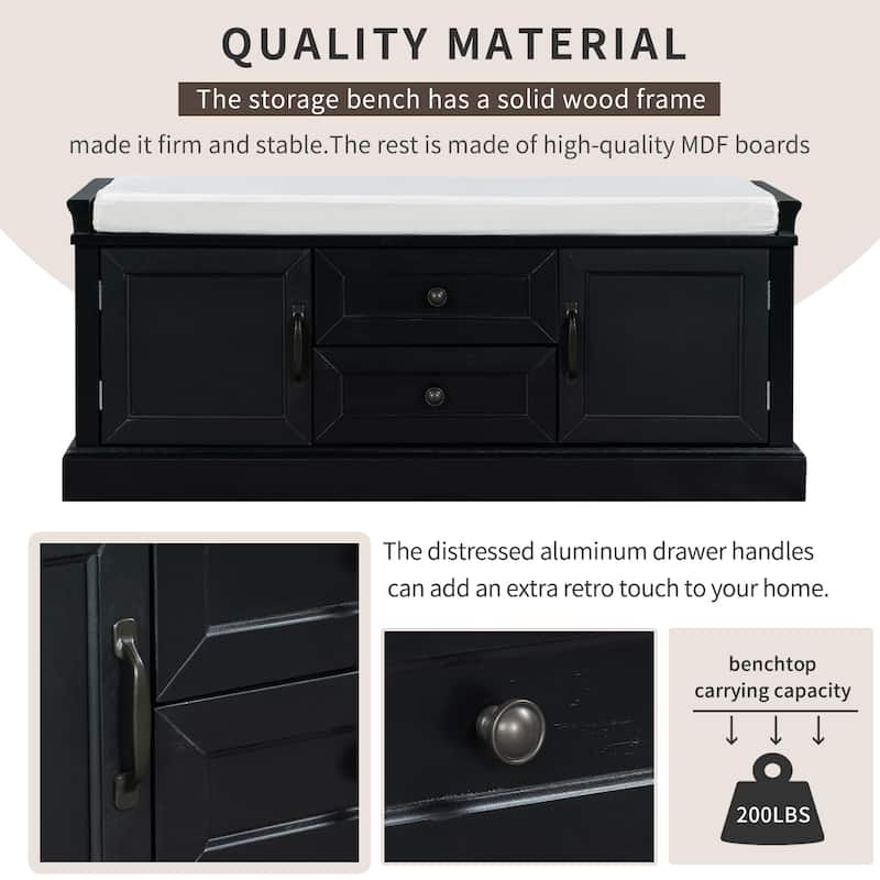 Modern Storage Bench with 2 Storage Drawers and 2 Cabinet Doors, Removable Cushion for Home Entryway and Lounge