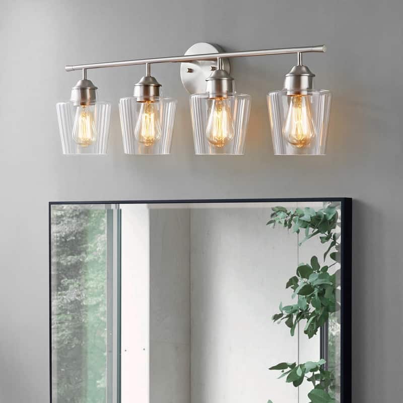KAWOTI 4-Light Dimmable Metal Bathroom Vanity Light with Glass Shade - Brushed Nickel