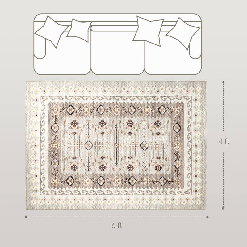 HOMCOM Area Rug 4x6, Machine Washable Rug, Non-Slip Boho Floral Print Floor Cover Foldable Carpet for Living Room - 3'6"