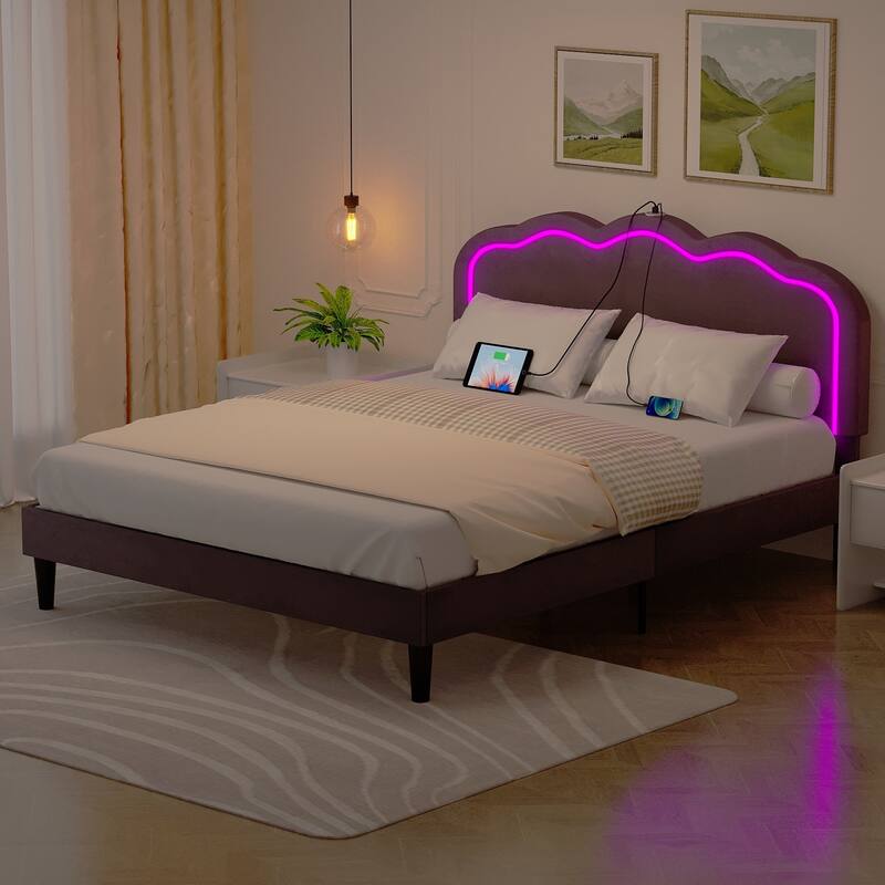 Javlergo Modern Queen Platform Bed with Adjustable LED Headboard USB Ports & Under-Bed Storage Heavy Duty Upholstered Bed Frame