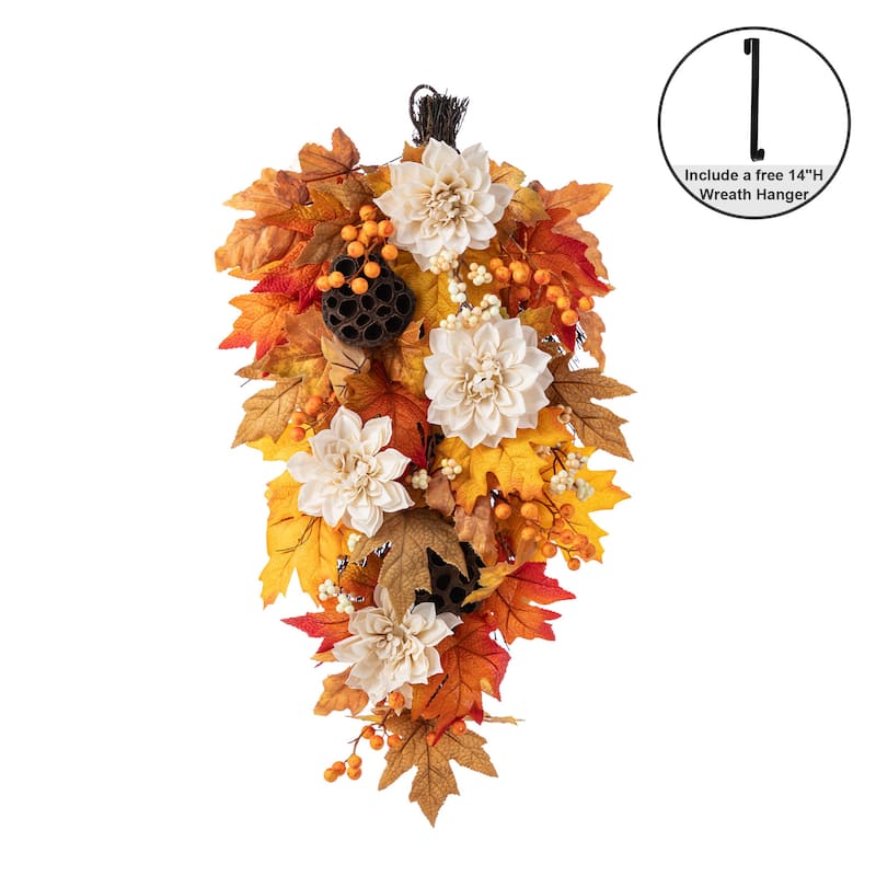 Glitzhome 26"H Fall Sunflower Pumpkin Lotus Leaf Teardrop Swag Wreath Thanksgiving - White Dahlia with a Black Hanger