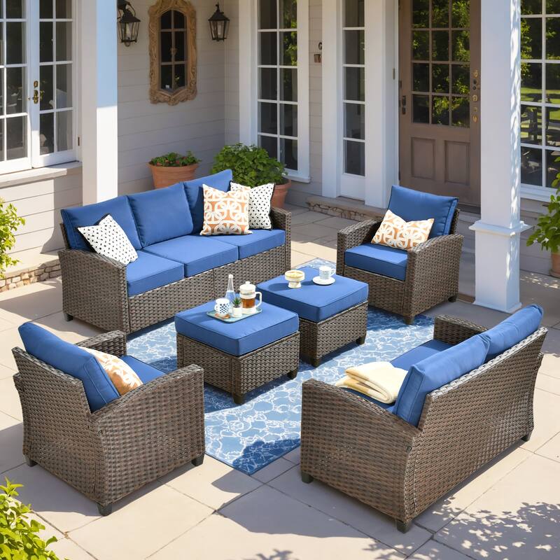 XIZZI Outdoor Patio Rattan Wicker Furniture Conversation Set - 6-piece - Navy Blue