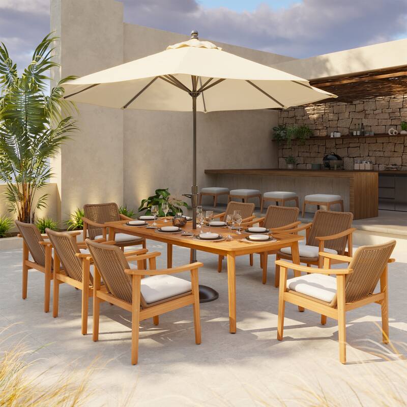 Outdoor Acacia Wood Dining Set with PE Wicker Rattan Dining Chairs And Table with Umbrella Hole 9-Piece Weather-resistant Set - Natural and brown