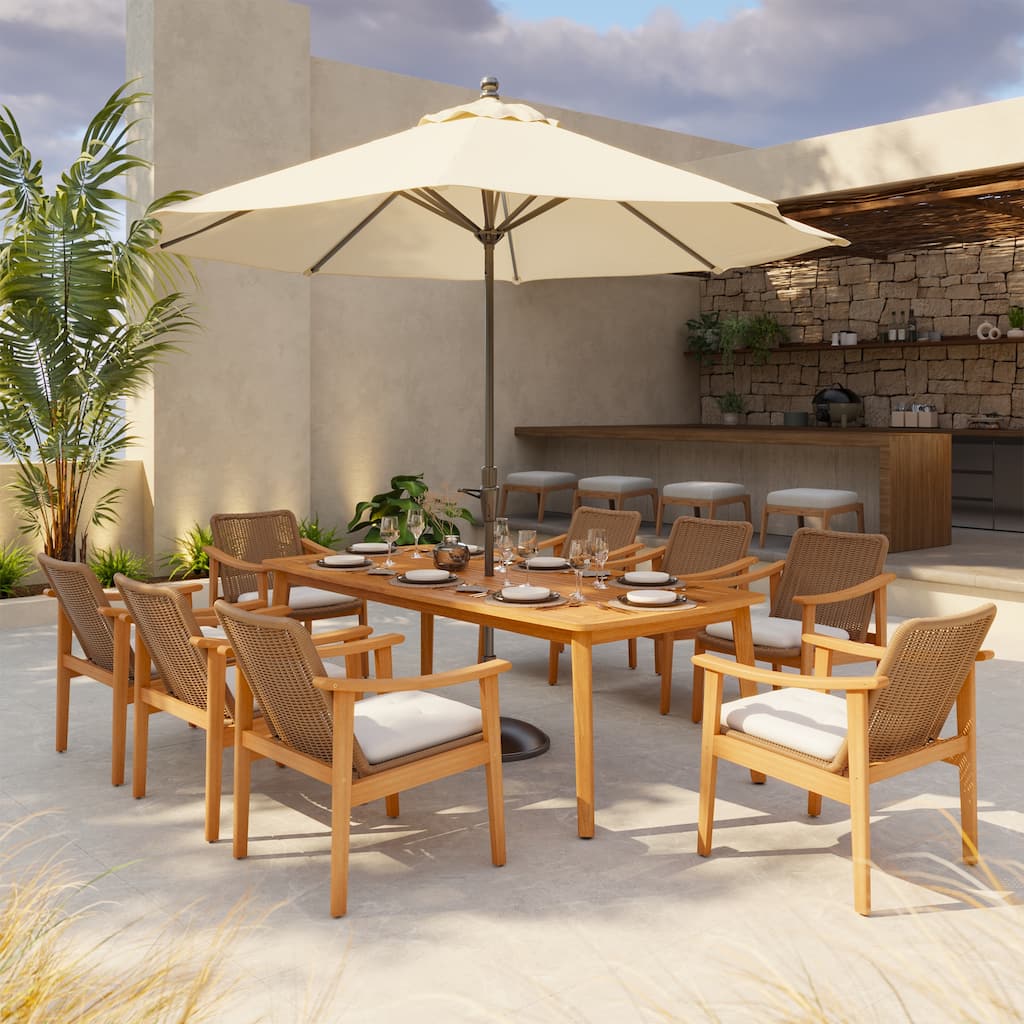 Outdoor Acacia Wood Dining Set with PE Wicker Rattan Dining Chairs And Table with Umbrella Hole 9-Piece Weather-resistant Set