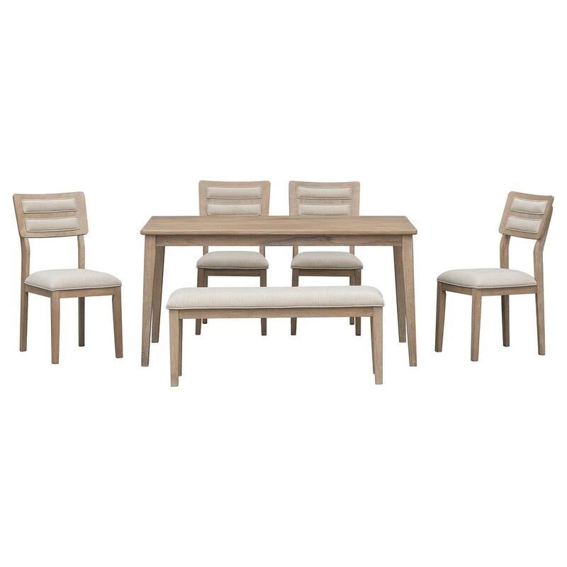 6 PCS Classic Dining Set for 6 with Bench and Upholstered Chairs