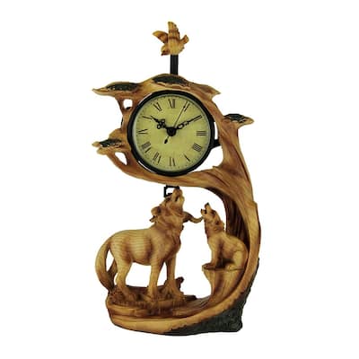 Wolf Family Safari Carved Wood Look Clock Figurine - 11.5 X 6 X 2.5 inches