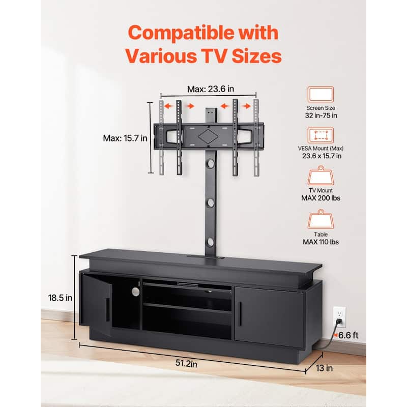 52" TV Stand with Mount for up to 75 in TVs, Entertainment Center with Power Outlet & LED Lights, Height Adjustable TV Console w