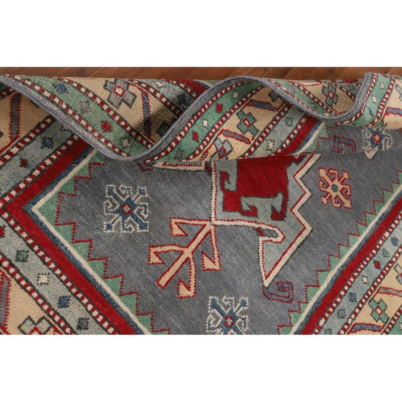 Gray Geometric Kazak Foyer Rug Hand-Knotted Traditional Wool Carpet - 3'4" x 4'9"