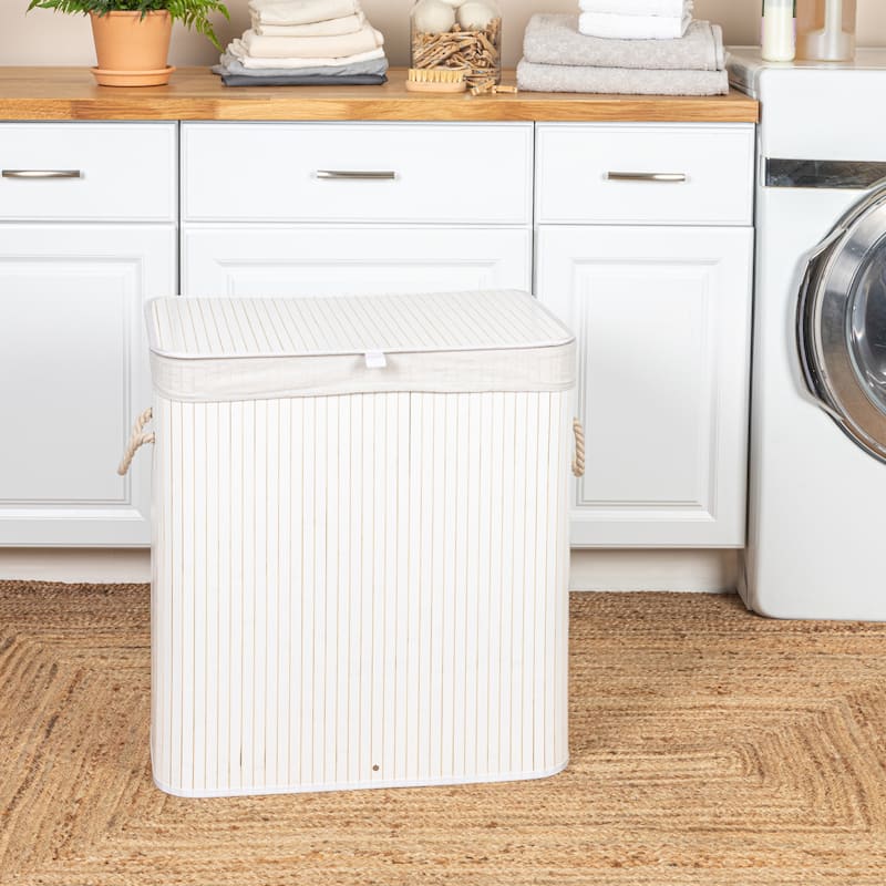 Household Essentials Bamboo Double Laundry Hamper with Rope Handles and Removable Laundry Bag - White