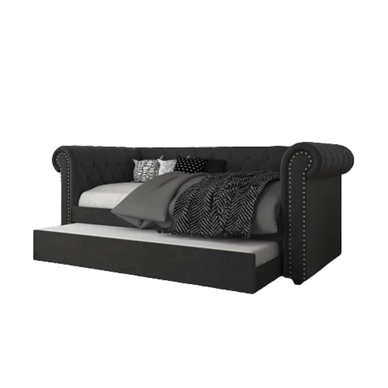 Upholstered Daybed w/ Trundle, Tufted Rolled Arm Livingroom Sofa Bed