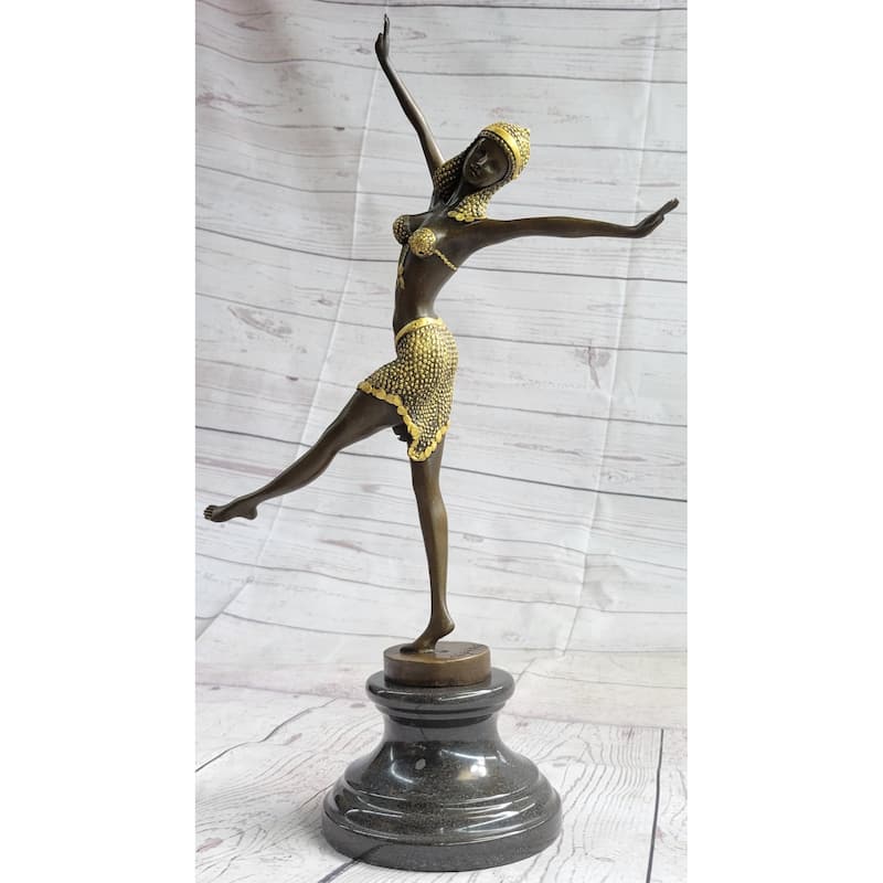 Gold Patina Chiparus Exotic Dancer Bronze Satue Sculpture Marble Base Figurine