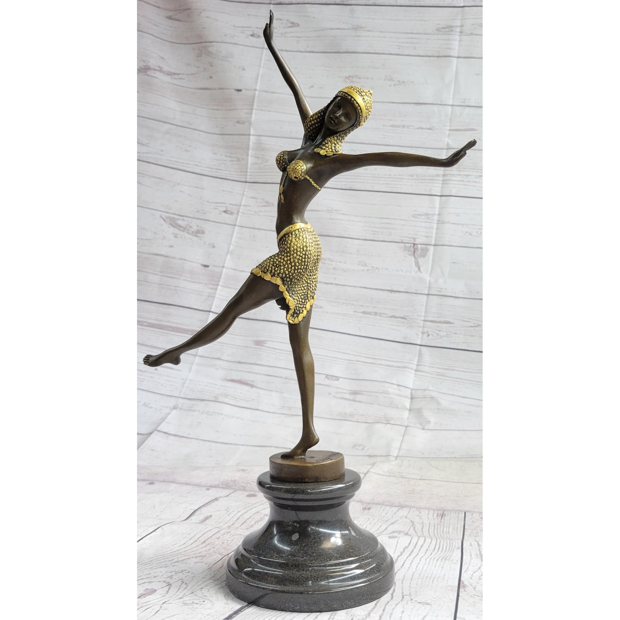 Gold Patina Chiparus Exotic Dancer Bronze Satue Sculpture Marble Base Figurine